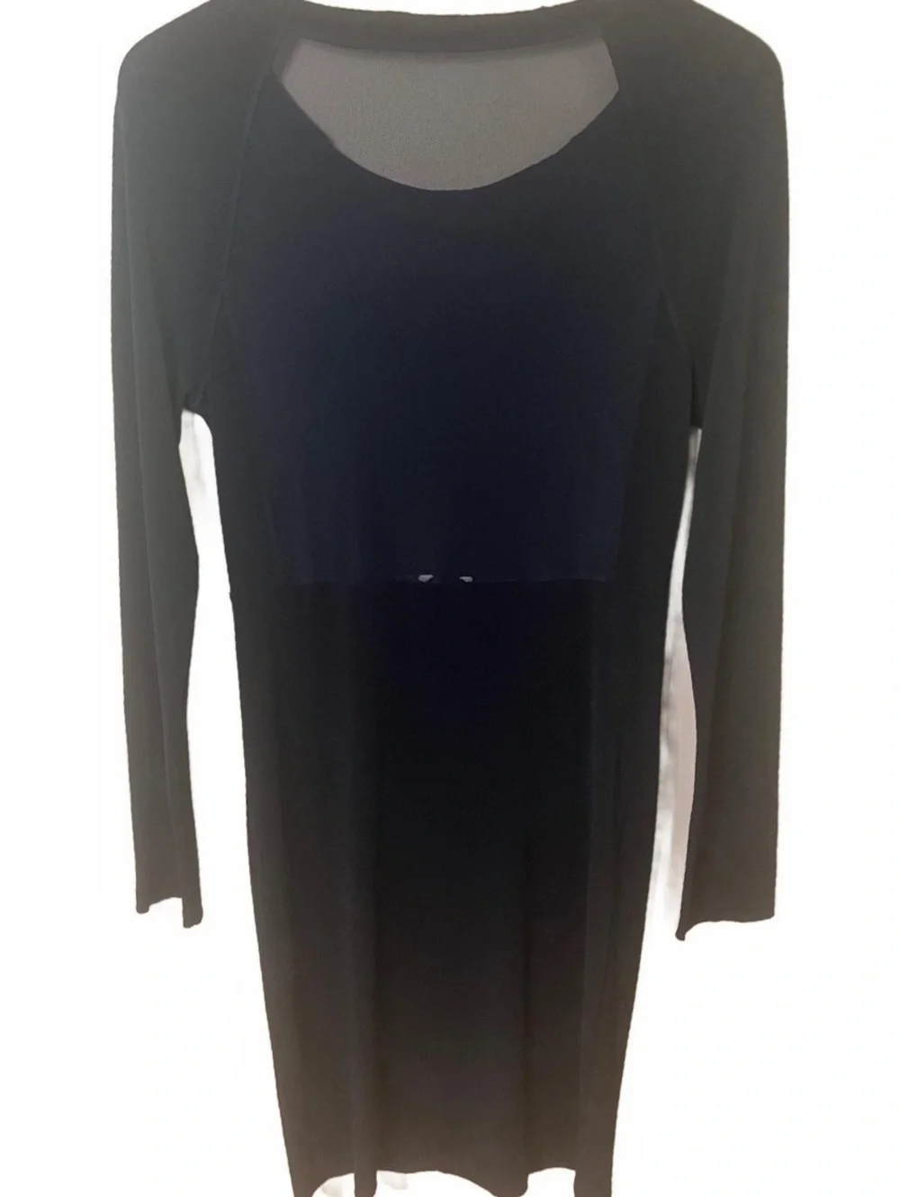 Alice+Olivia Scoop Black Bodycon Dress Long Sleeve Sheer Mesh Back Raw Hem L